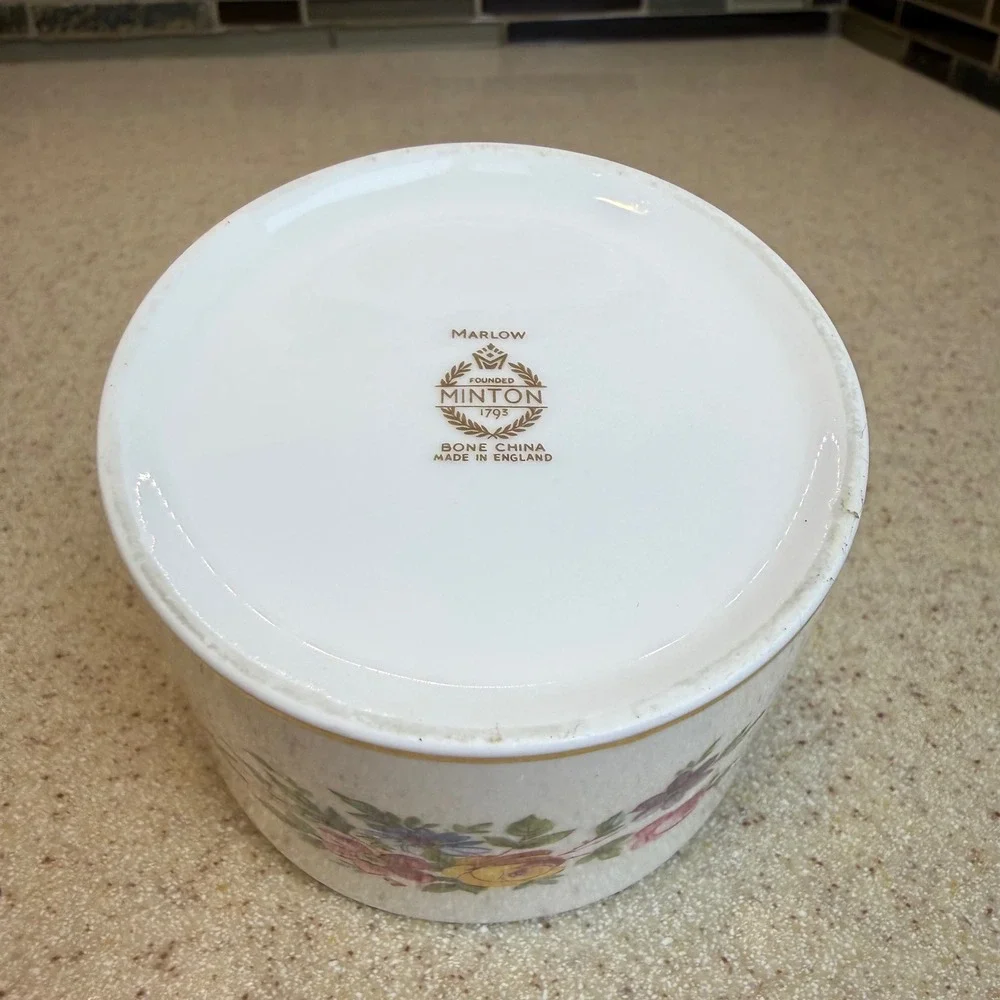 Vintage Minton Marlow Bone China Jam Pot w/ Lid & Glass Spoon Floral England